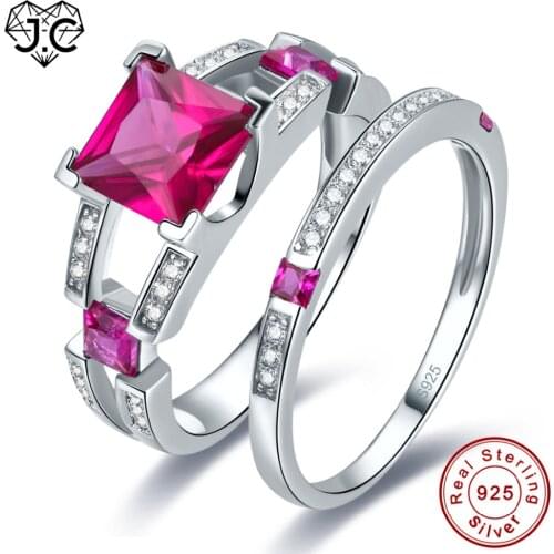 J.C New Square Cut Ruby Spinel & Emerald White Topaz 925 Sterling Silver Ring Size 6 7 8 9 Simple Fahison Fine Jewelry Ring Sets