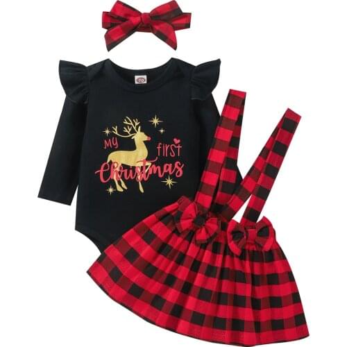 Baby Girl’s Three Piece Suit Christmas Print Long Sleeve Romper Plaid Suspender Skirt and Headband