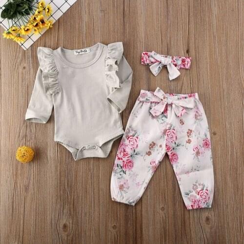 Sweet Infant Baby Girl Kids Ruffle Long Sleeve Romper Tops Flower Trousers Bow Headband Clothes Set 0-24M
