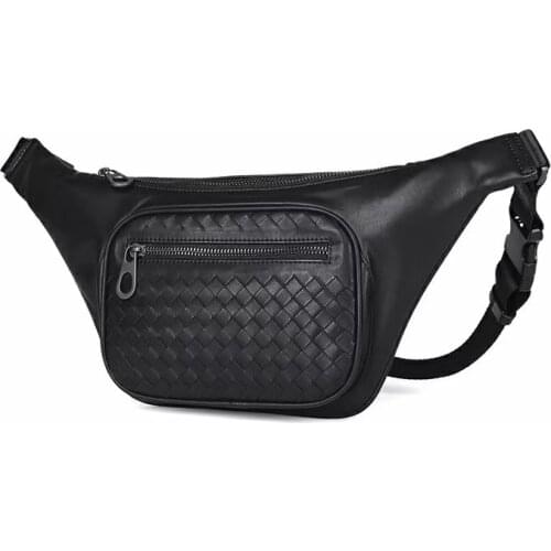 2020 New Genuine Leather Waist Bags Woven for Men Calf Leather Simple Large Capacity Hiking Cell Phone Travel Anti-Theft Pocket