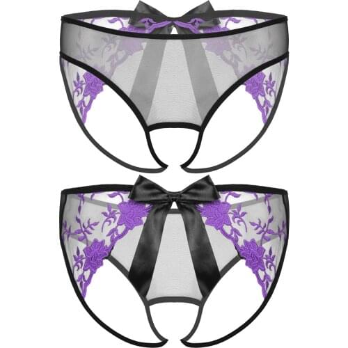Mens Bowknot Sissy Open Crotch Panties Embroidered Crotchless Briefs See-Through Mesh T-back Low Waist Underwear Underpants