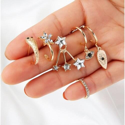 6 Pcs/Set Women Simple Earrings Set Ins Fashion Crystal Star Eye Snake Gold Color Earring Party Charm Jewelry Lover Gift