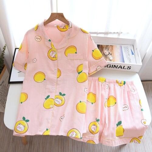 New 100% Cotton Womens Sleepwear Gauze Soft Pajama Sets Button Down Short Sleeve Pj Floral Pajama Set Summer Female Pyjamas