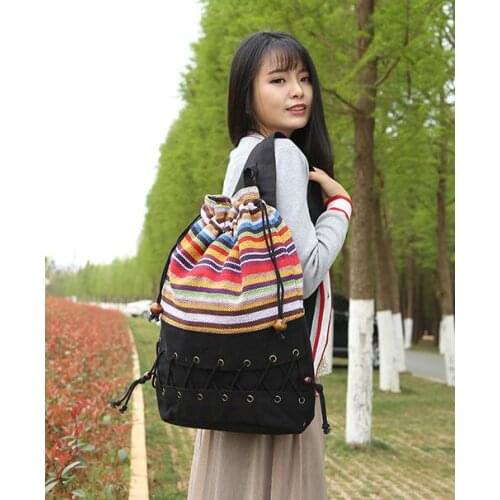 2021 New canvas sack pack lady cotton printed colorful backpack teenage straw string follow out strip bag