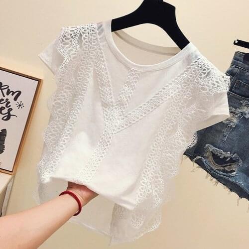 2021 summer new white short-sleeved t-shirt womens lace all-match Korean loose and thin top