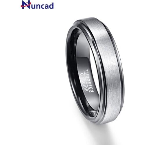 NUNCAD 6mm Black Mens Tungsten Carbide Rings Brushed Finish Wedding Band with Step Beveled Edge Comfort Fit Size 7-12