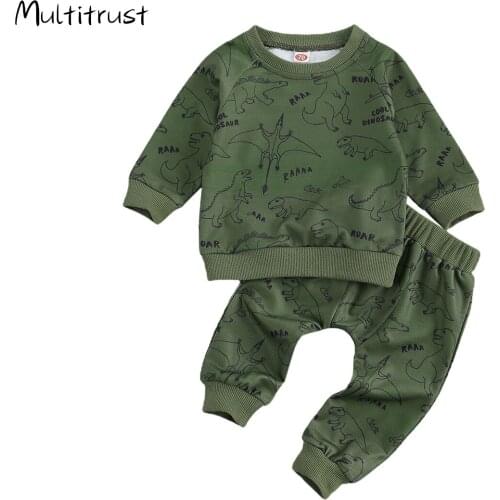 Toddler Baby Boys 2Pcs Clothes Cartoon Dinosaur Round Neck Long Sleeve Sweatshirts + Long Pants Sets 0-24M