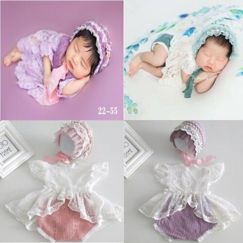 Newborn Photography Props Newborn Hat Lace Romper Bodysuits Outfit Baby Girl Dress Photo Costume