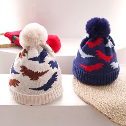 Cartoon Dinosaur Baby Hat Autumn Winter Kids Girl Boy Beanie Cap Pompom Crochet Warm Children Toddler Bonnet Kids Accessories
