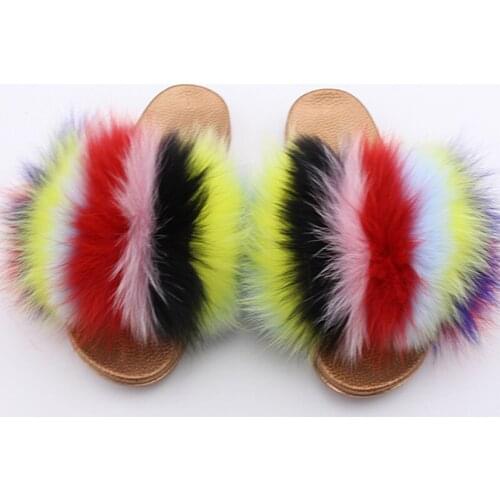 Womens Summer Fox fur slippers Indoor Tricolor Non-slip Plush Slippers Flat Sandals Women Fur Slides Flip Flops