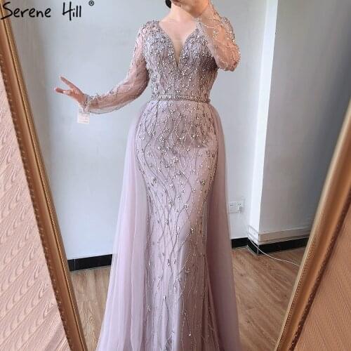Lilac Long Sleeves Luxury Evening Dresses 2020 Dubai V-Neck Diamond Mermaid Beading Formal Dress Serene Hill LA70341