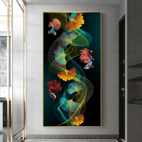 Modern Abstract Light Luxury Golden Ginkgo Leaf Goldfish Decorative Canvas Painting Wall Picture for Gallery Home Decor No Frame