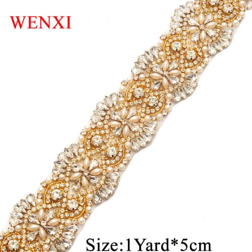 WENXI 1YARD Handmade Clear Rose Gold Crystal Pearls Rhinestones Applique Accessory Sewing On For Bridal Dress Belt WX811