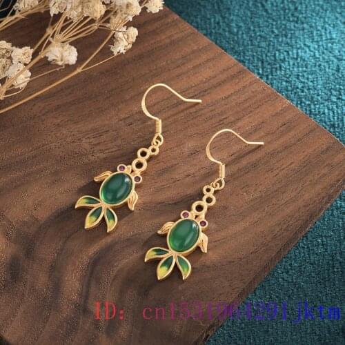 Green Jade Goldfish Earrings Jewelry Fashion 925 Silver Amulet Charm Women Crystal Fish Chalcedony Natural Gifts Gemstone