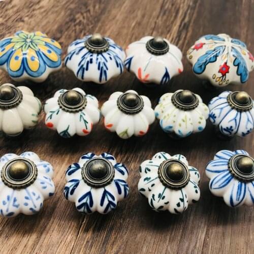 1PCS China Blue and white porcelain Ceramic Door Handles and Knobs Children Room Decorative Drawer Pumpkin handle Door Pulls