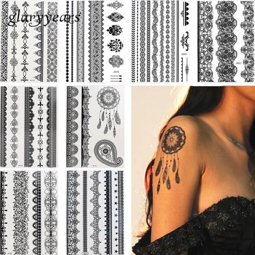 8 Sheets Temporary Tattoo Sticker Flower Lace Jewelry Style Fake Black Chain Bracelet Tattoo Female DIY Wrist Body Art Decal Hot