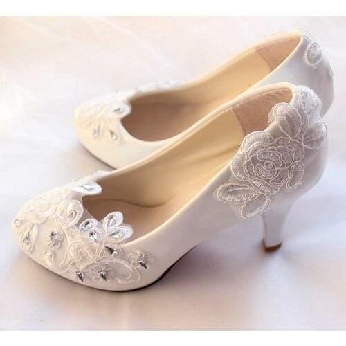 9CM white lace crystal wedding pumps shoes handmade plus size crystal silver rhinestones bridal brides platforms pumps shoes