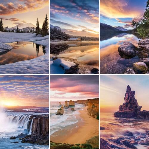 QIZITENG 5D Diamond Embroidered Sunset Landscape Full Round Diamond Painting Mosaic Set Cross Stitch DIY Gift Home Decoration