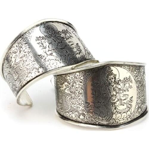 BB-100 Tibetan TARA Amulet Bangle White Metal Copper Open Cuff Bangle