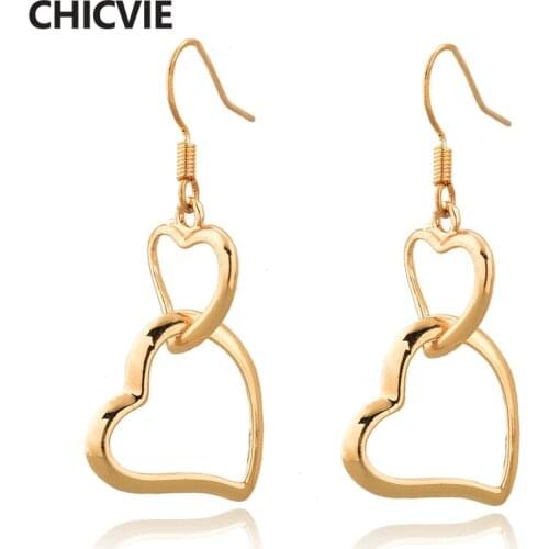 CHICVIE New Trending Cute Double Heart Crystal Earrings For Women Gold Earring Statement Valentines Day Gift Earrings SER190111