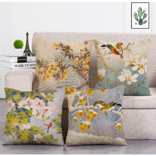 Vintage Style Decorative Throw Pillows Birds Flower Cotton Linen Seat Retro Cushion Cover for Sofa Home Decor Funda Cojines T346