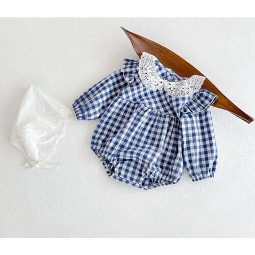 Spring Autumn Baby Girls Long Sleeves Lace Lapel Plaid Bodysuit Toddler Baby Clothes Princess Sweet Lace Baby Girl Romper