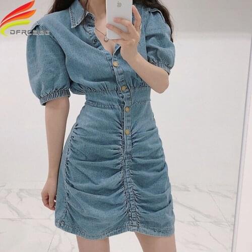 Denim Dresses Women 2020 Summer New Arrival Puff Sleeve Single Button High Elastic Waist Folds Slim Jean Dress For Ladies