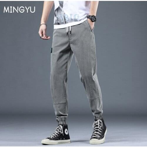 4 Colors Streetwear Men Jeans Denim Cargo Pants Elastic waist Slack Bottom Joggers Pants Tie feet Harem Trousers Male 28-38
