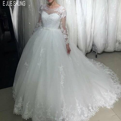 E JUE SHUNG Wedding Dresses Jewel Neck Lace Appliques Illusion Long Sleeves Bow Sash Tulle Ball Gown Wedding Gowns Bride Dresses
