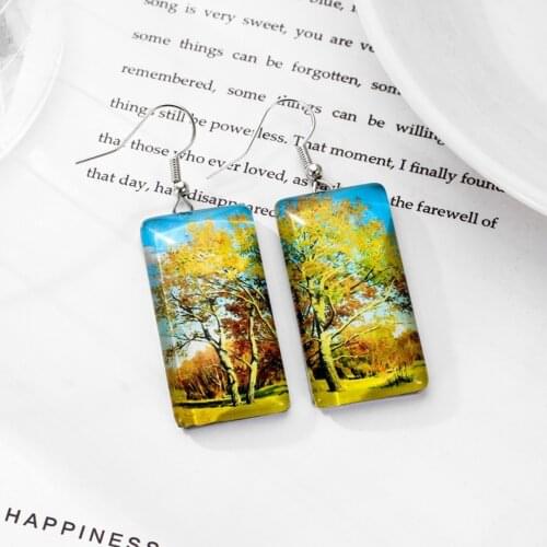 Art Resin Painting Earring For Women Tree Starry Sky Rectangular Geometric Earring Ocean Beach Style Party Jewelry