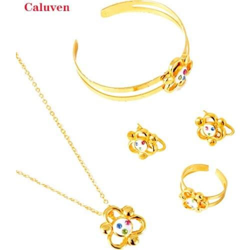 Gold Color African Bangles for Girls Baby Jewelry Dubai Arabic Jewelry Ethiopian Kids Rings Earrings Sets Arab Bridal Jewelry