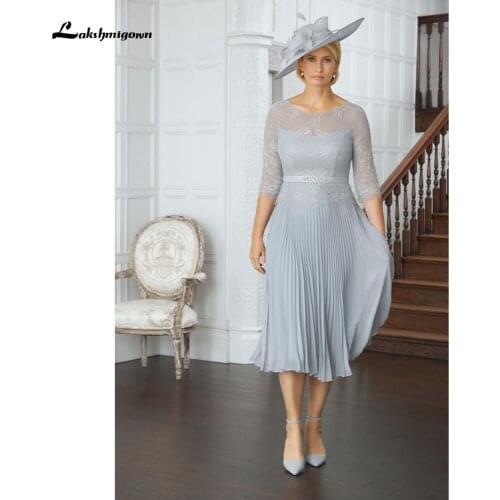 O Neck Lace A Line Mother of the Bride Dress for weddings Belt Three Quarter Tea-Length mutter der braut kleider Lakshmigown