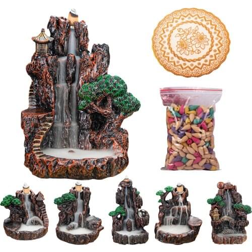 Resin Backflow Waterfall Smoke Incense Burner River Mountain Incense Fragrance Holder With 50Cones Anti-slip Mat Home Decor