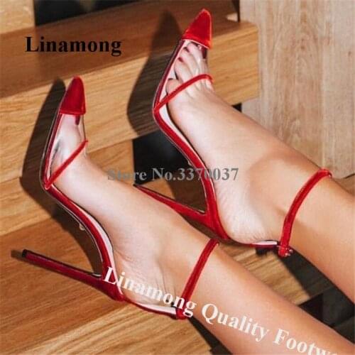 Linamong Fashion Clear PVC Patchwork Stiletto Heel Pumps Red Black Velvet Pointed Toe Transparent High Heels Club Dress Shoes