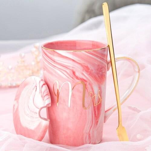 Marbling MRS design mug with real gold decal and rim, one mug, one lid and one spoon for one sets, normal packing