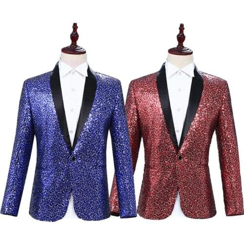 2019 Men Personality Mens Suit Jacket Coat Color Paillette Stage Men Suits Jacket Full Single Button Blue Red Blazers