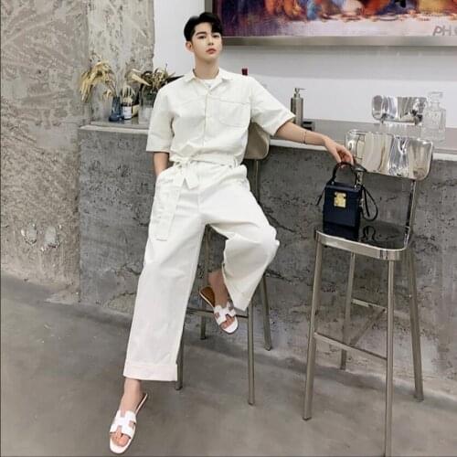 2021 New Spring Designer Tooling Waistband White Jumpsuit Tide Brand Rompers Mens Straight Trousers Hairstylist Overalls