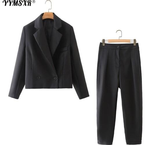 Autumn 2021 New Womens Suit Pants 2-piece Set Casual Short Ladies Black Jacket + Casual High-waist Trousers High Quality