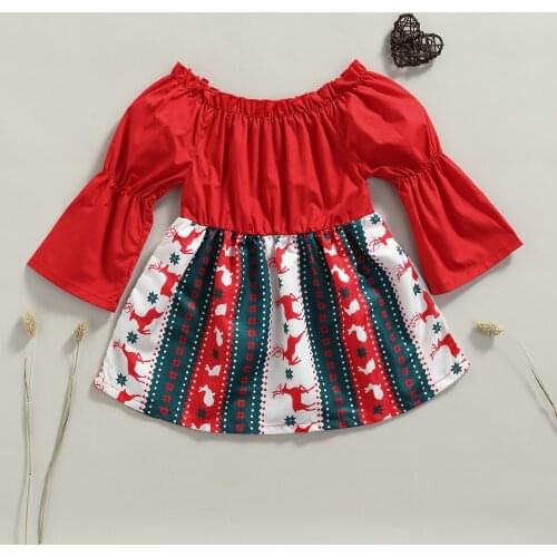 Dress Christmas Little Girl Breathable Elk Snowflake Print Stitching Strapless Horn Long Sleeve Princess Dress