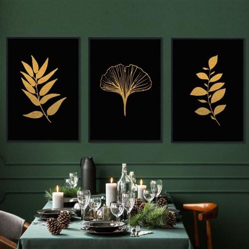 Nordic Black Golden Botanical Wall Art Palm Leaf Minimalist Poster Tropical Plant Canvas Painting Monstera Home Wall Decoration