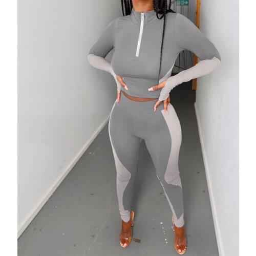 Spring Women Tracksuit Two Piece Sport Clothes Pant Sets Personality Color Stitching Cropped Top and Elastic High Waist Trousers
