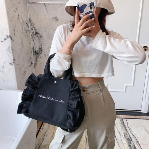 Korean Style Canvas Women Handbag Large Capacity Ruffle Design Female Shoulder Crossbody Bag Leisure Big Totes Casual Travel Bag
