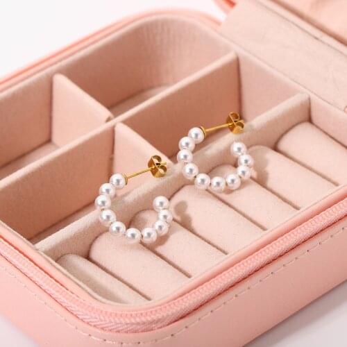 Stainless Steel Mini Pearl Circle CC Shape Hoop Earrings For Women French Vintage Female Earrings Jewelry
