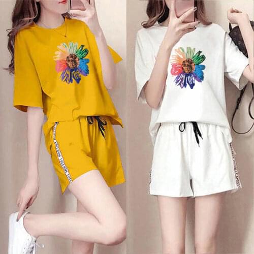 2021 Womens Ladies Summer Suit Pure Cotton Pattern Loose T-shirt Womens Summer Shorts Suit Shorts Womens Sportswear