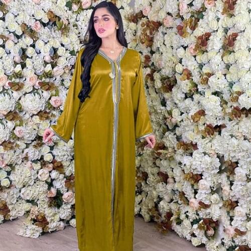 Summer A-Line Wide Sleeve Casual Loose Long Satin Silk Robe Galabia Dress With Border Lace Trim For Woman Saudi Arabia Clothing