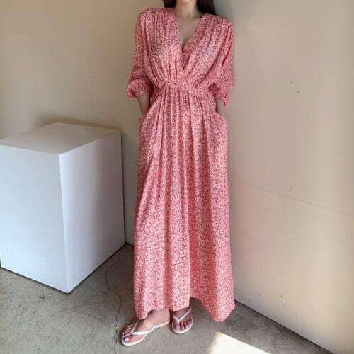 Plus Size Female Casual Dress Autumn 2021 Loose Floral Print Dress for Women High Waist Cross Pocket Dress V-neck Vestidos 15866