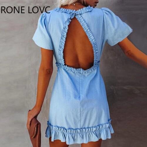 Women V-Neck Frill Hem Ruffles Backless Dress Ruffles Hem Dress Elegant Fashion Chic Dress
