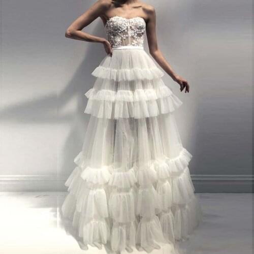 Elegant Strapless Off White Evening Formal Dress Sweetheart Ruffle Tiered Tulle Robe de soiree Corset Prom Gown Boho Bride Dress