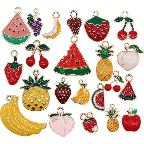 10pcs/lot Cute Fruit Enamel Watermelon Peach Cherry Apple Pineapple Strawberry Banana Charm Pendant For DIY Jewelry Findings