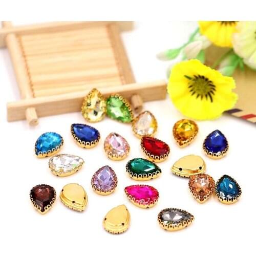 CJSIR 20pcs Waterdrop Glass Crystal Sew On Rhinestone Flatback Golden Claw Buttons For Clothing Dress Decors DIY Jewelry Crafts